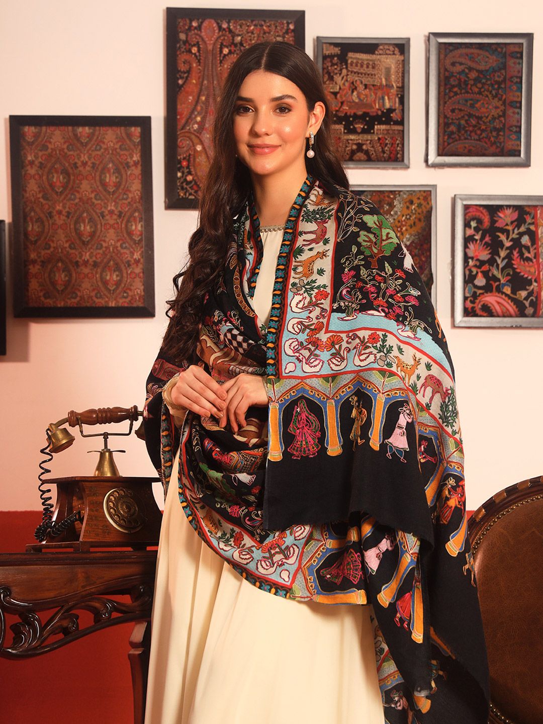 Dhiyona PA Ethnic Motifs Woven Design Naqqashi Pure Wool Kalamkari Shawl