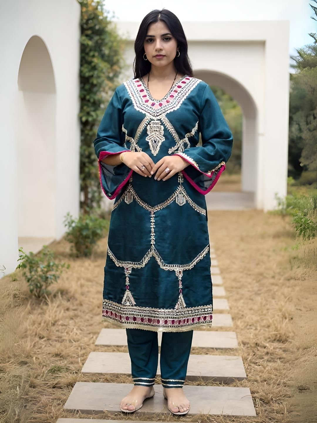 Ethnic Motifs Embroidered Straight Kurta With Trousers
