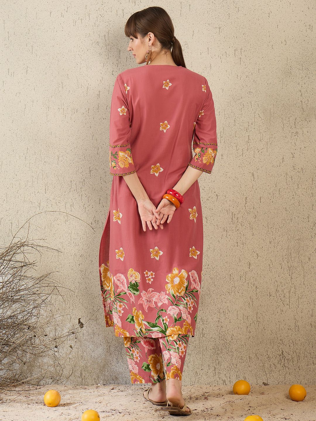 Dhiyona IE Women Printed Round Neck Cotton Top and Trousers Co-Ords