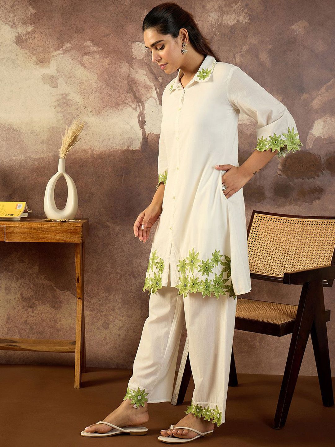 Floral Embroidered Thread Work Pure Cotton Kurta With Palazzo