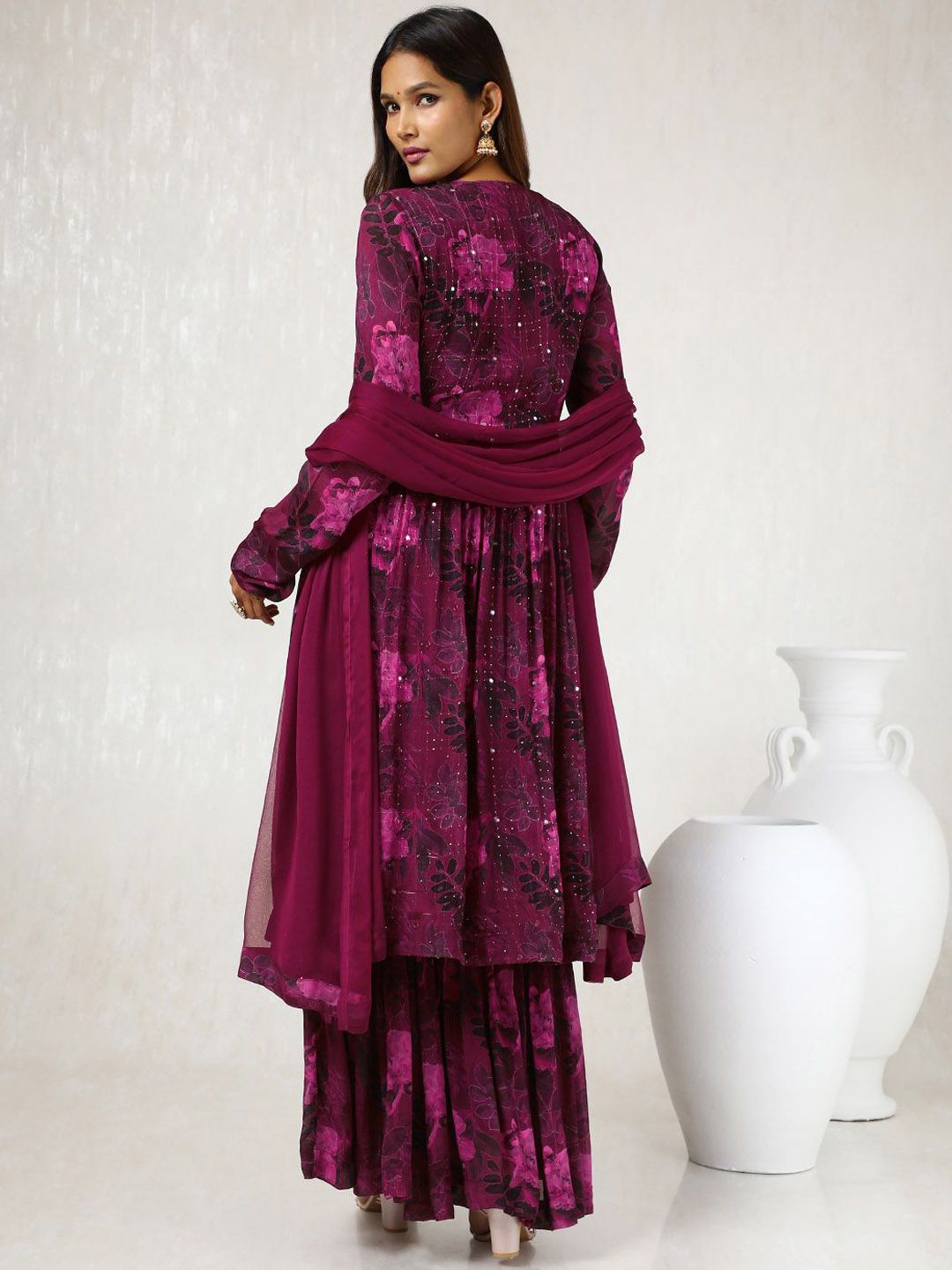 Dhiyona SO Women's Floral Printed Mirror Work Straight Kurta with Sharara & Dupatta