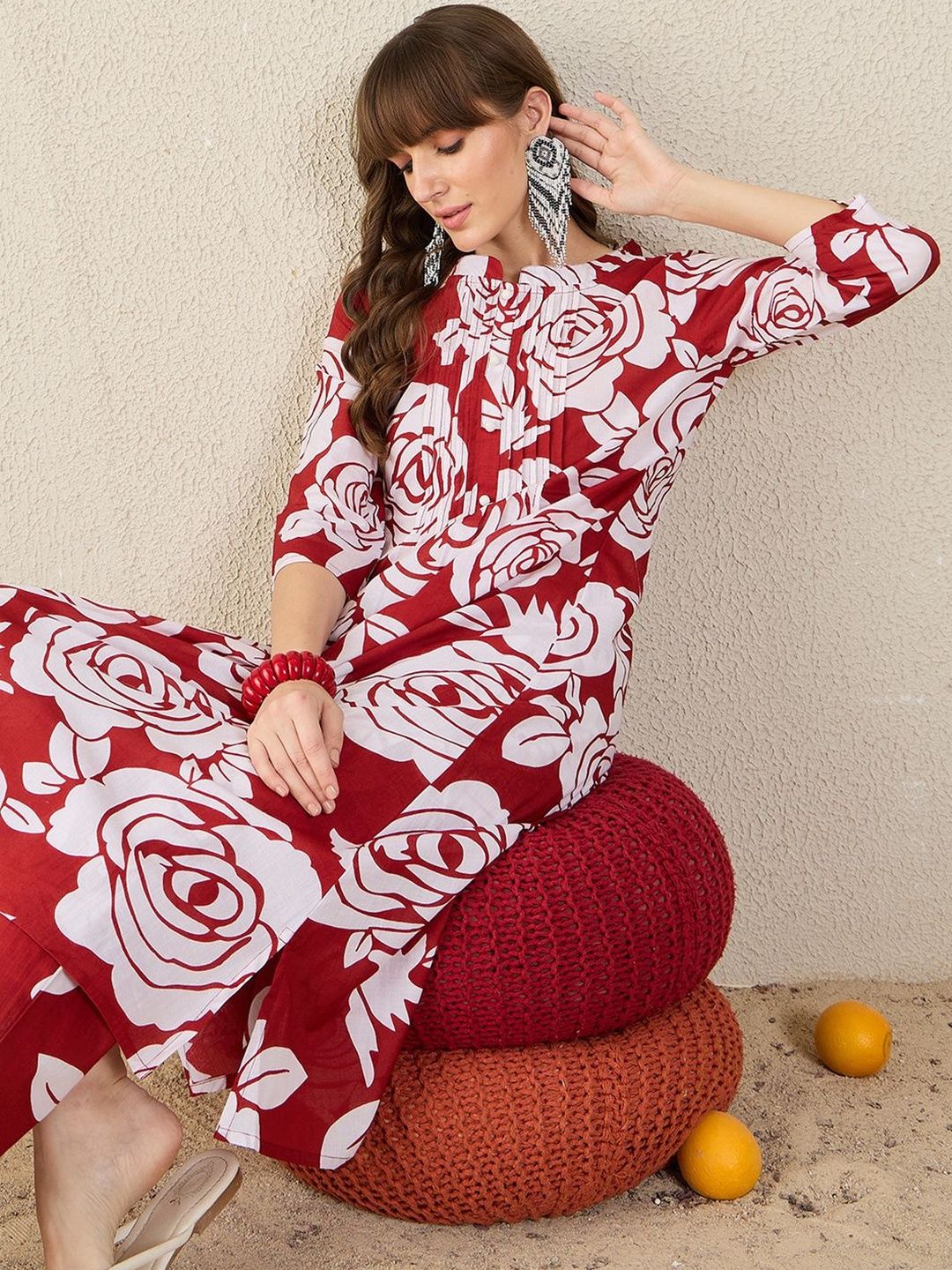 Floral Printed Pleated Mandarin Collar Pure Cotton A-Line Kurta with Trousers