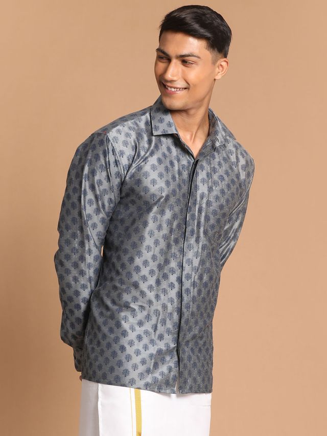 Men's Grey Viscose Blend Straight Ethnic Shirt