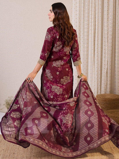 Women Floral Printed Regular Chanderi Silk Kurta with Trousers & With Dupatta