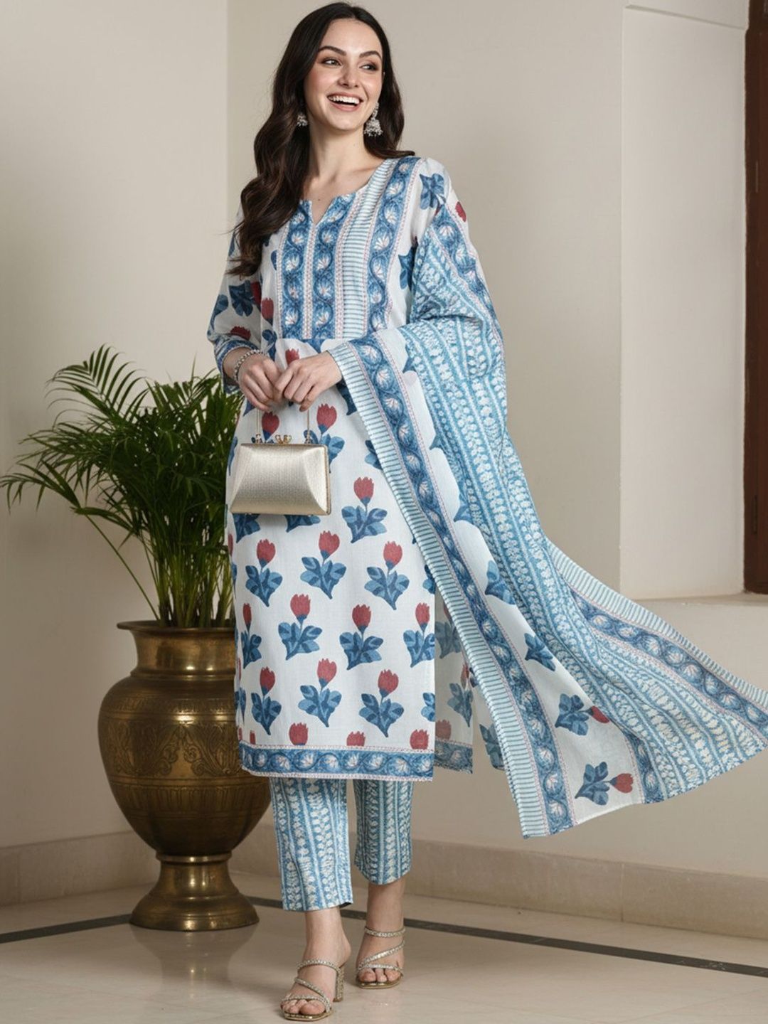 Floral Printed Pure Cotton Kurta With Trousers & Dupatta