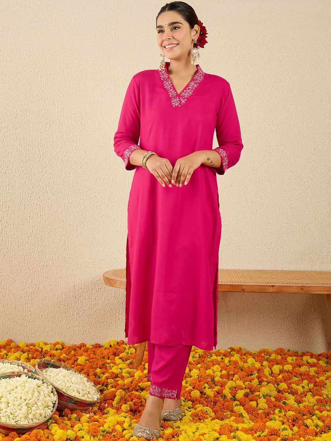 Women Ethnic Motifs Embroidered Regular Sequinned Straight Kurta with Trousers