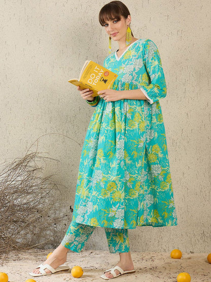 Floral Printed Regular Pure Cotton A-Line Kurta With Trousers