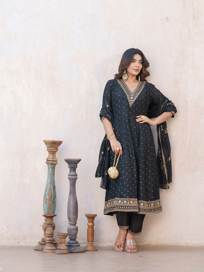 Dhiyona PD Women Bandhani Printed V-Neck Panelled Anarkali Kurta With Trouser & Dupatta