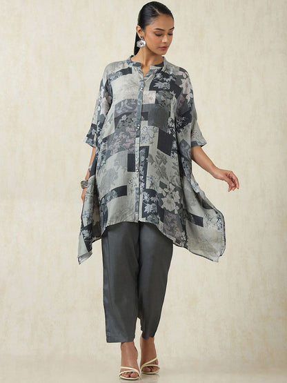 Dhiyona SO Women's Floral Printed Mandarin Collar Kaftan Kurta With Trousers