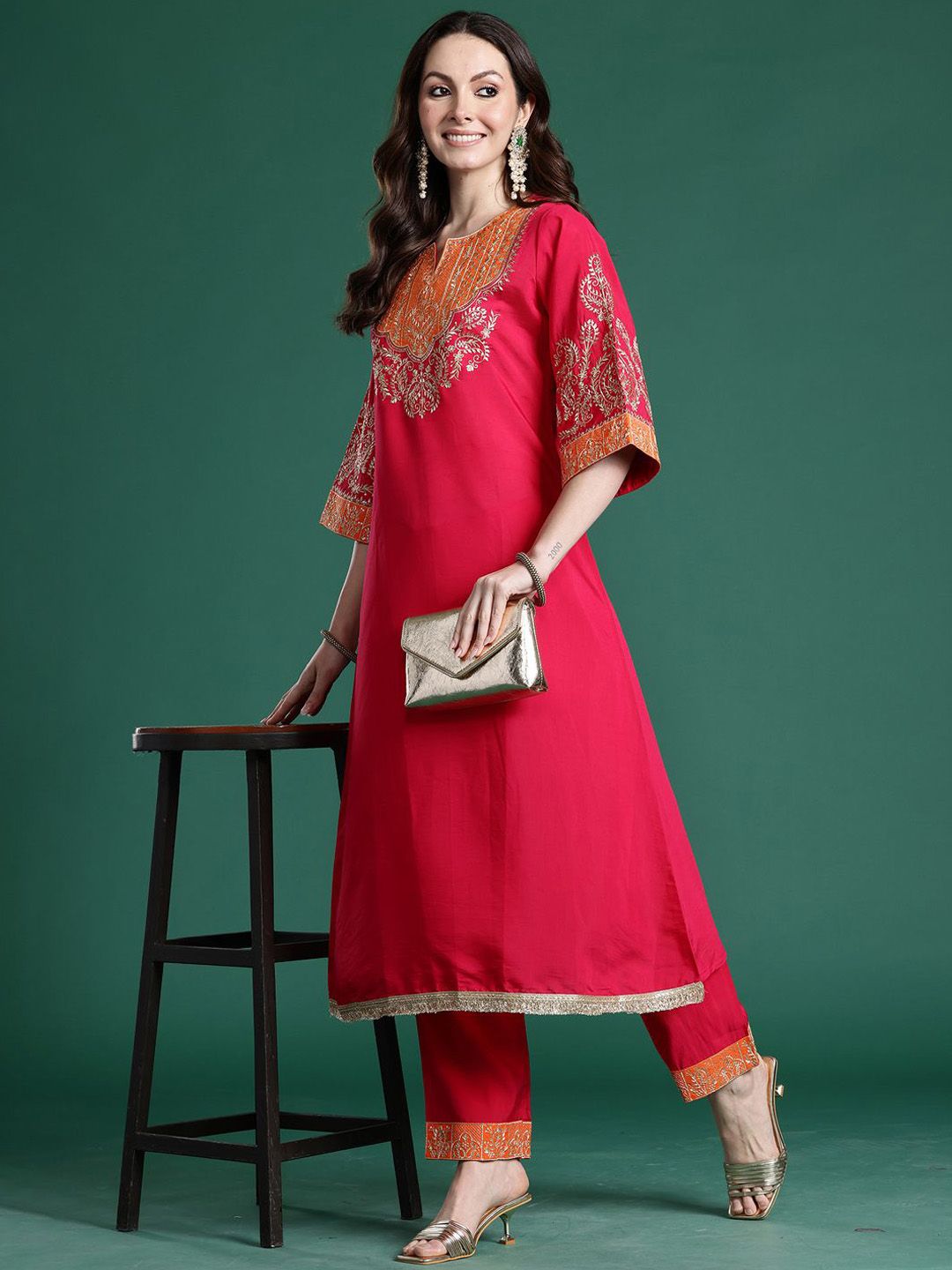 Dhiyona IE Embroidered Round Neck A-Line Top With Trousers Co-Ords Set