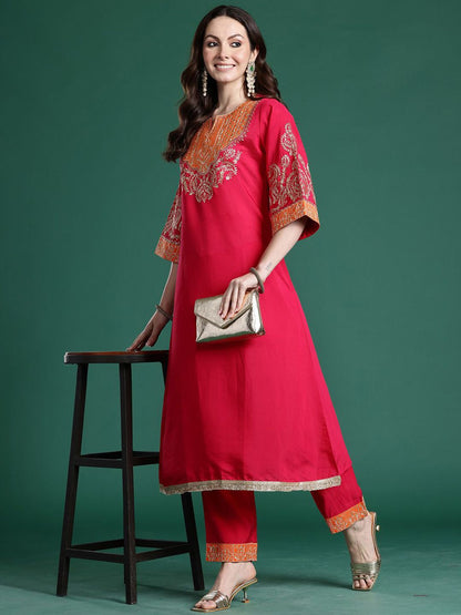 Dhiyona IE Embroidered Round Neck A-Line Top With Trousers Co-Ords Set