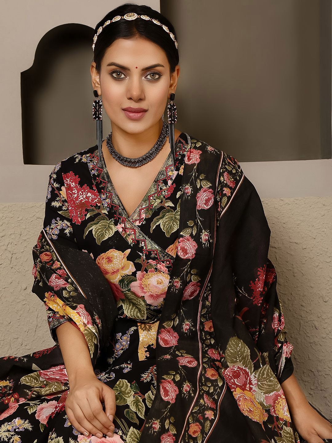 Dhiyona SN Women's Floral Printed Pure Cotton Anarkali Kurta with Palazzo & Dupatta