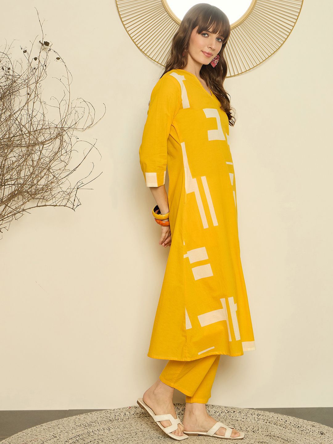 Geometric Printed V-Neck A-Line Pure Cotton Kurta with Trousers
