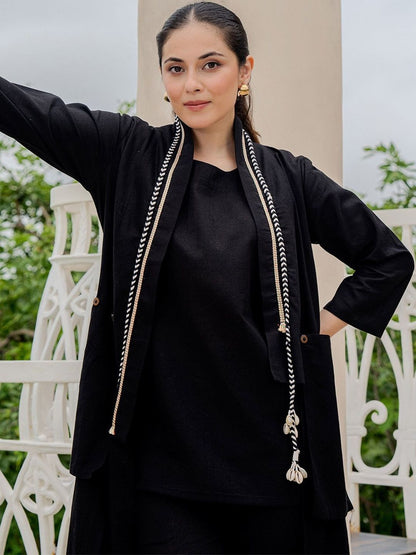 Women Round Neck Pure Cotton Straight Kurta with Palazzos With Jacket