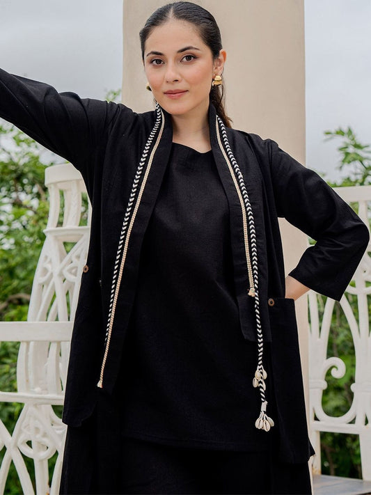 Women Round Neck Pure Cotton Straight Kurta with Palazzos With Jacket