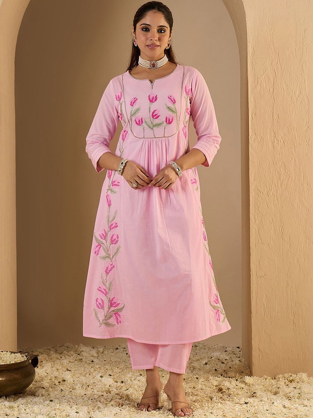 Dhiyona IE Women Floral Embroidered Panelled Thread Work Pure Cotton Kurta with Trousers & With Dupatta