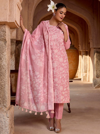Dhiyona WP Women Floral Printed Cotton Kurta with Trousers & Dupatta
