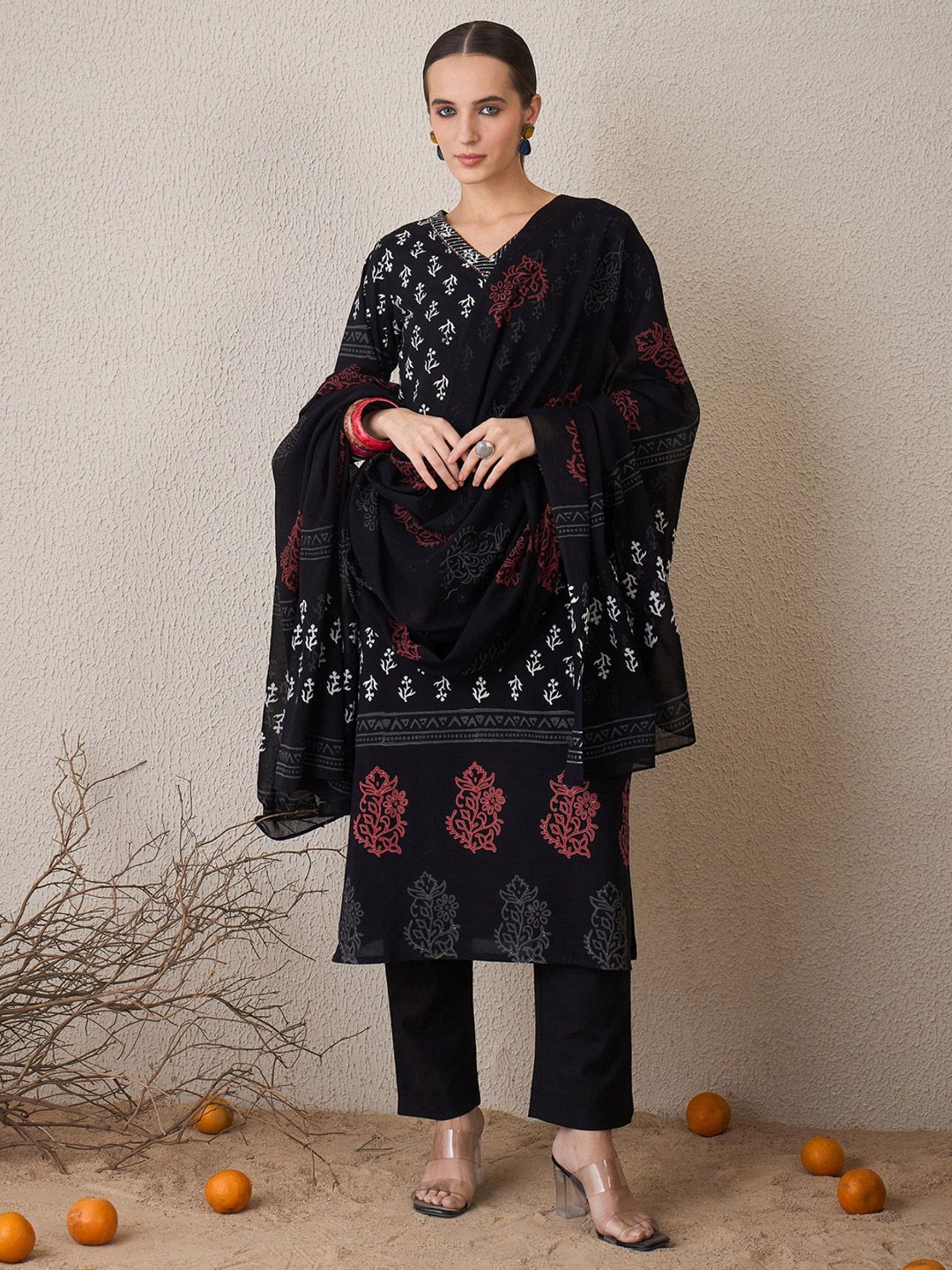 Floral Printed V-Neck Pure Cotton Straight Kurta With Trouser & Dupatta