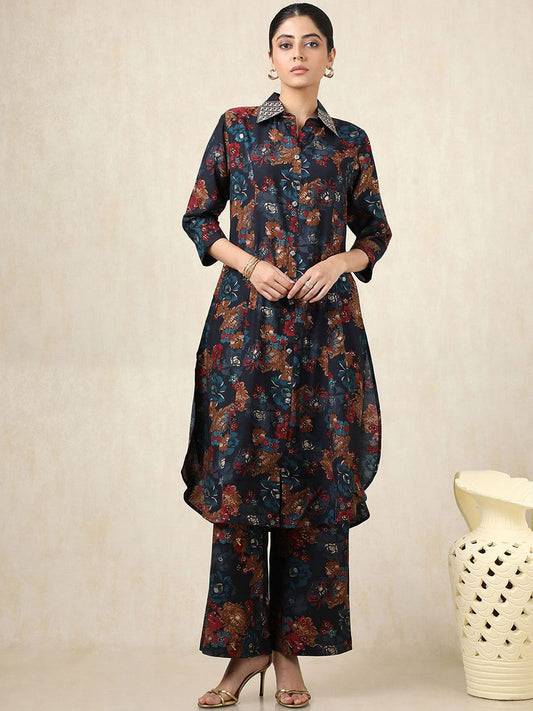Dhiyona SO Women's Floral Printed Shirt Collar Pure Cotton Straight Kurta With Palazzos