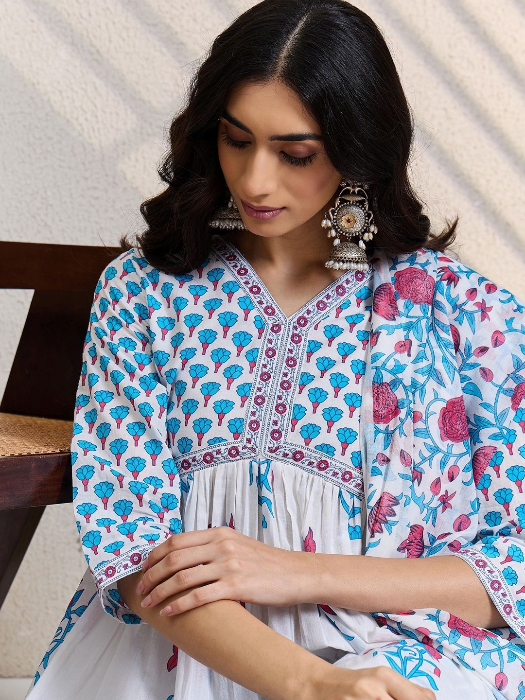 Women Floral Printed Cotton A-Line Kurta with Trousers & Dupatta