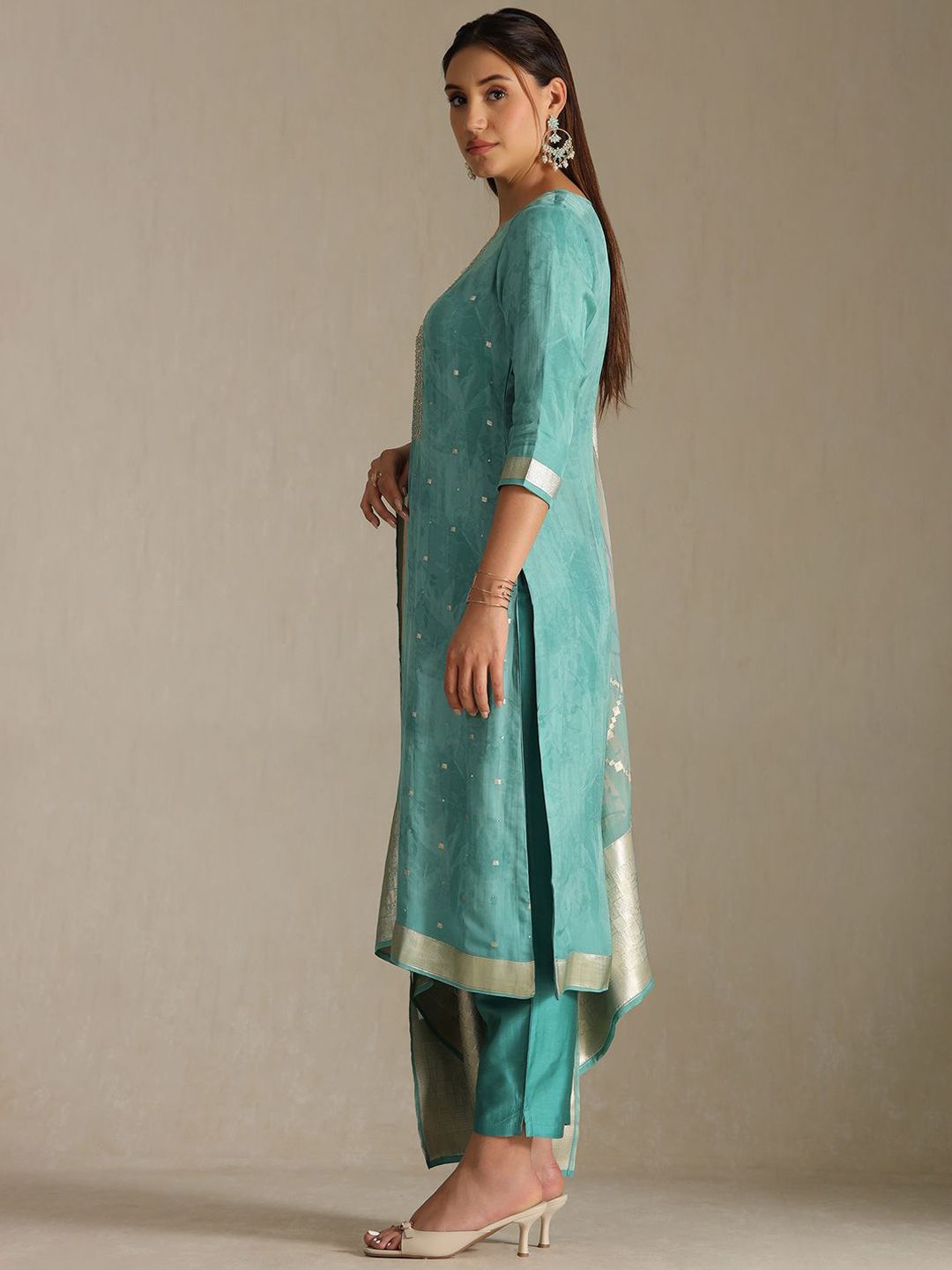 Dhiyona SO Women's Women Woven Design Regular Mirror Work Kurta with Trousers & With Dupatta