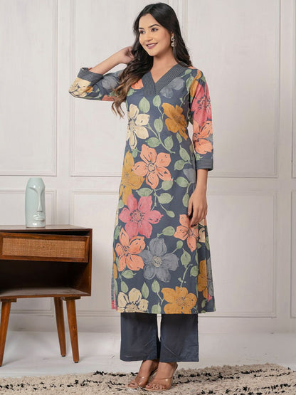 Dhiyona IE Floral Floral Printed Pure Cotton V-Neck Tunic With Trousers