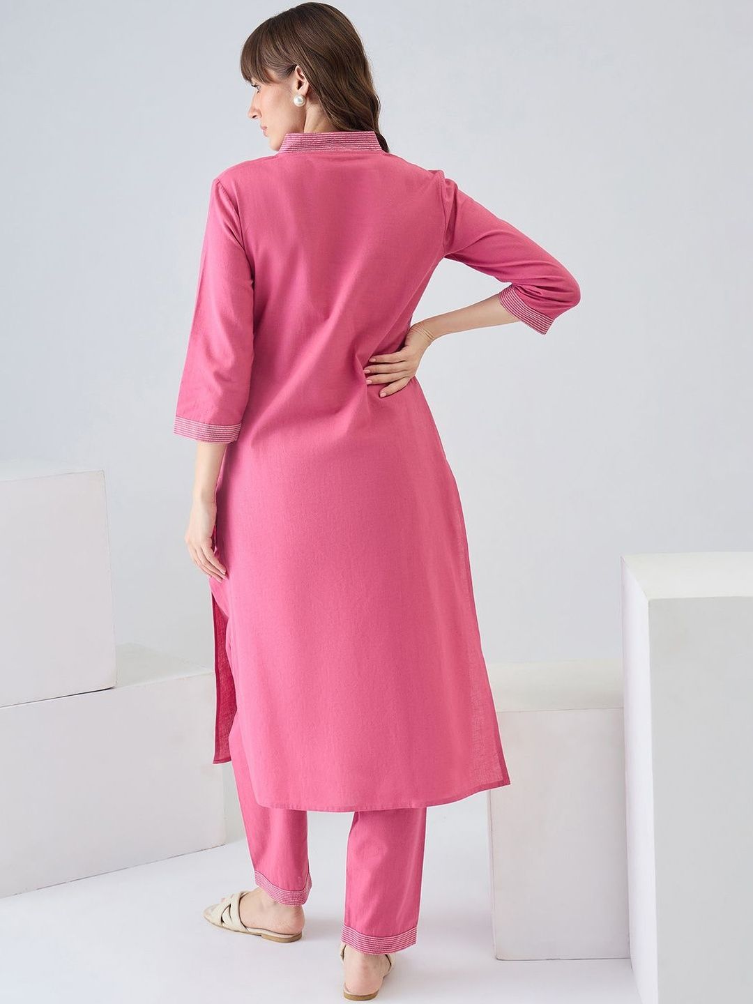 Women Dyed Regular Thread Work Kurta with Trousers