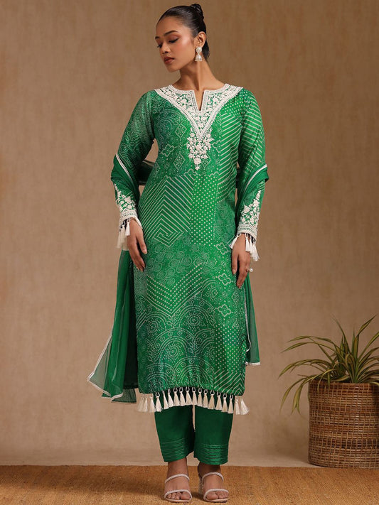 Dhiyona SO Women's Bandhani Printed Round Neck Thread Work Straight Kurta With Trousers & Dupatta