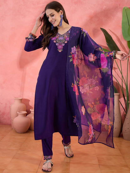 Dhiyona SN Women's Purple Floral Embroidered V-Neck Sequinned Straight Kurta With Trousers & Dupatta
