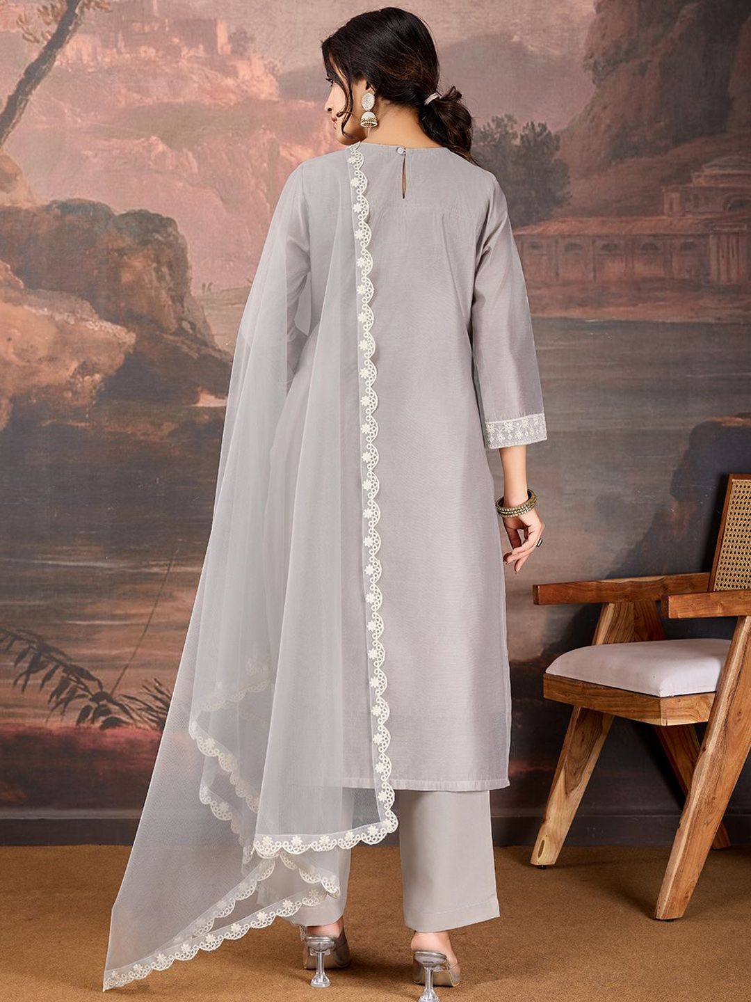 Dhiyona PD Women Sequined Embroidered Round Neck Straight Kurta & Trousers With Dupatta
