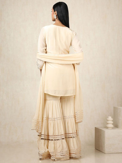 Dhiyona SO Women's Floral Embroidered Sequinned Straight Kurti With Sharara And Dupatta
