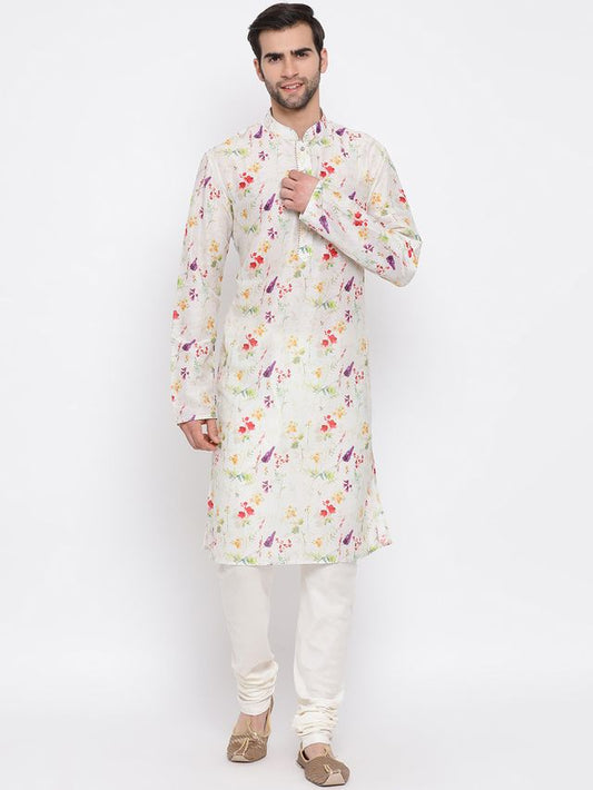 Men's Cream Cotton Blend Straight Kurta Pyjama Set