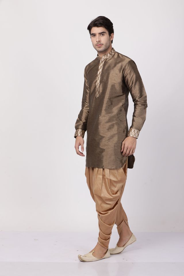 Men's Gold Silk Blend Pathani Kurta and Dhoti Set