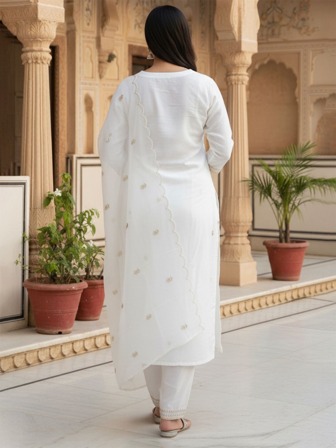 Floral Embroidered Notch Neck Sequinned Straight Kurta With Trousers & Dupatta