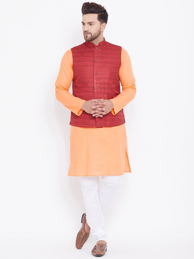 Men's Fawn Cotton Blend Straight Jacket  Kurta and Pyjama Set