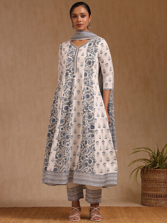Dhiyona SO Women's Floral Printed irror Work Anarkali Kurta with Trouser & Dupatta
