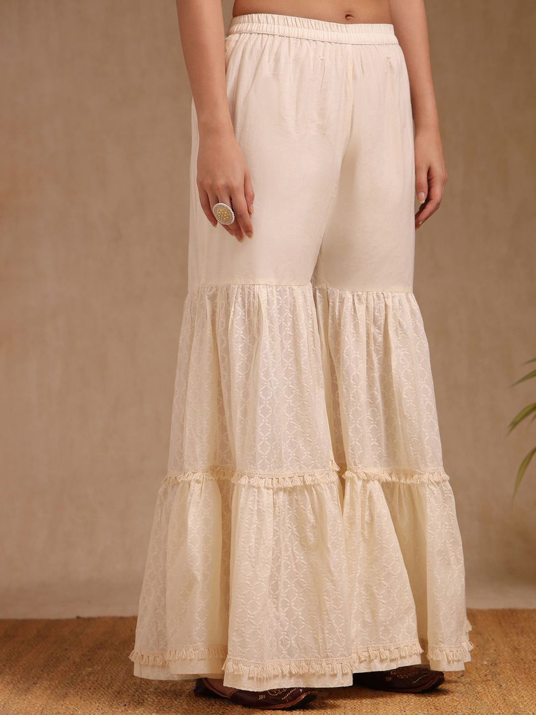 Dhiyona SO Women's Geometric Woven Design Mirror Work Cotton Straight Kurta With Sharara & Dupatta