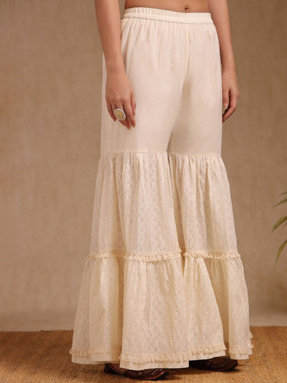 Dhiyona SO Women's Geometric Woven Design Mirror Work Cotton Straight Kurta With Sharara & Dupatta