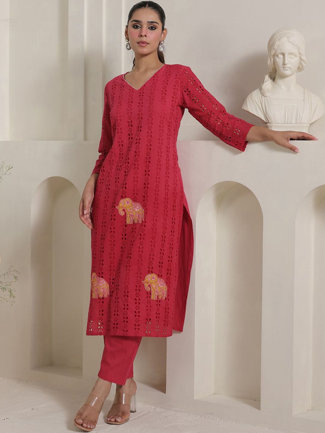 Women Self Design Regular Pure Cotton Kurta with Trousers