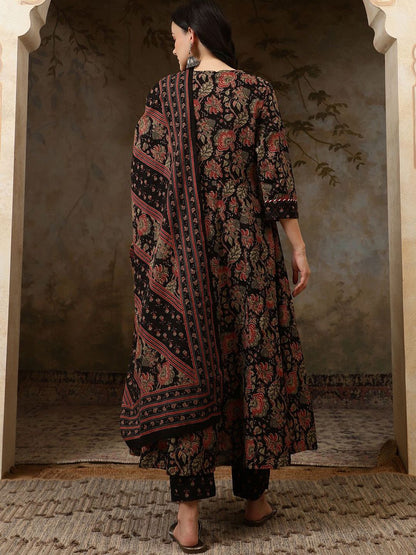 Dhiyona SN Women's Black Floral Printed Pure Cotton Anarkali Kurta With Trousers & Dupatta