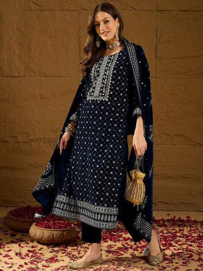 Dhiyona PD Women Embroidered Velvet Straight Kurta With Trousers And Dupatta