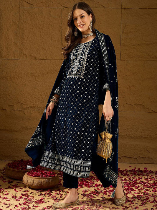 Dhiyona PD Women Embroidered Velvet Straight Kurta With Trousers And Dupatta