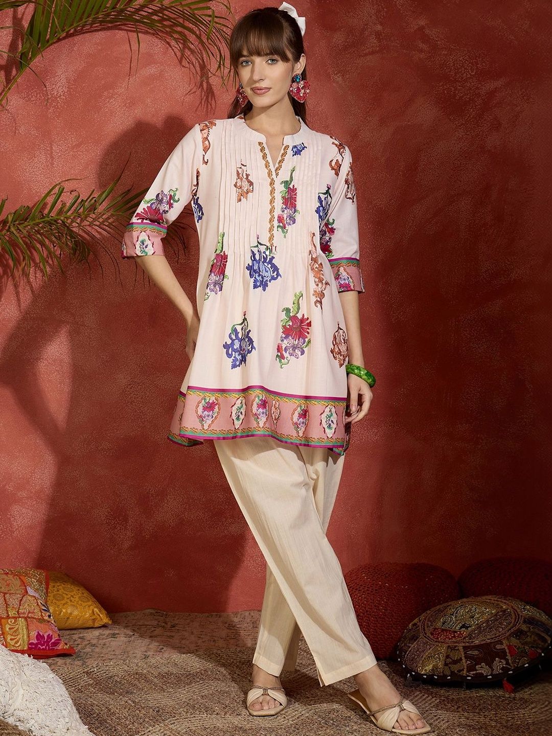 Women Ethnic Motifs Printed Regular Thread Work Pure Cotton Kurti with Trousers