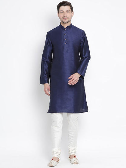 Men's Dark Blue Silk Blend Straight Kurta Pyjama Set