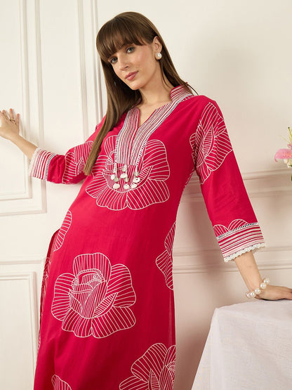 Dhiyona IE Printed V-Neck Three-Quarter Sleeves Pure Cotton Tunic And Trousers