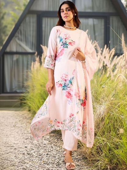 Women Floral Printed Regular Linen Kurta with Trousers & With Dupatta