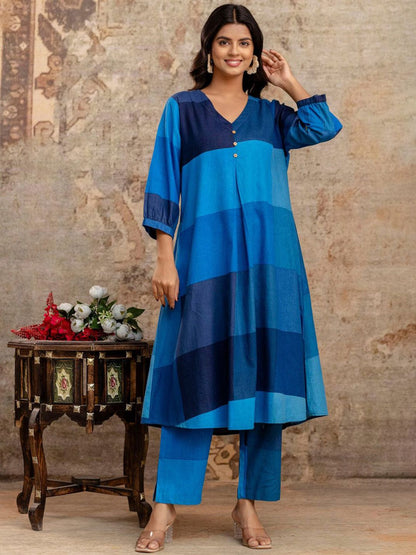 Dhiyona IE Colourblocked V Neck Tunic With Trousers Co-Ords