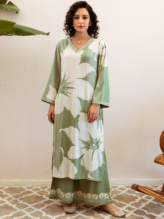Dhiyona IS Women's Floral Printed V-Neck Mirror Work Straight Kurta With Palazzos