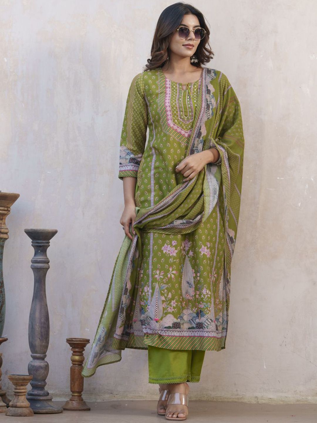 Dhiyona SN Women's Floral Printed Keyhole Neck Muslin Straight Kurta With Trouser & Dupatta