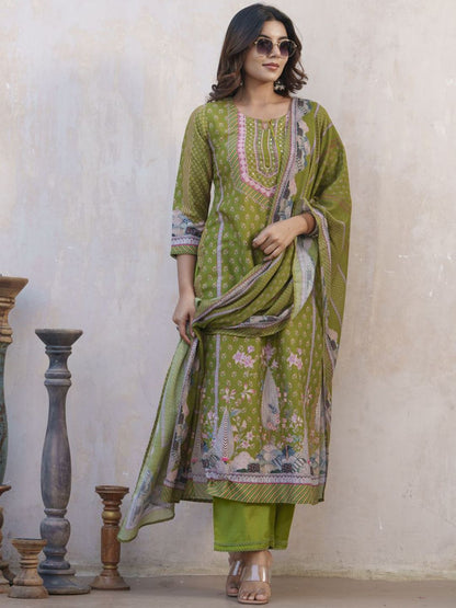 Dhiyona SN Women's Floral Printed Keyhole Neck Muslin Straight Kurta With Trouser & Dupatta